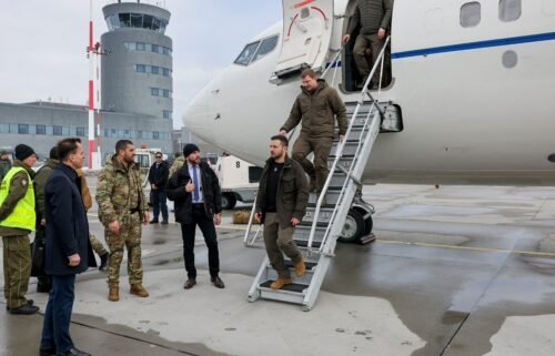 Ukrainian President Volodymyr Zelensky arrives at Rzeszow-Jasionka Airport in Poland