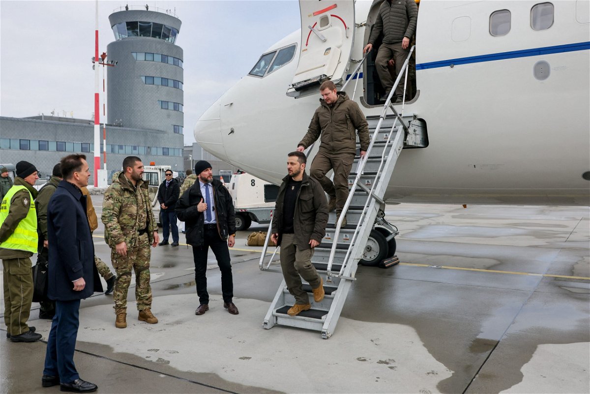 <i>Jakub Szymczuk/KPRP/Handout via Reuters. via CNN Newsource</i><br/>Ukrainian President Volodymyr Zelensky arrives at Rzeszow-Jasionka Airport in Poland