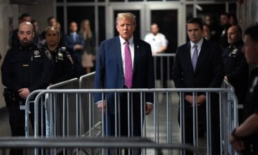 Former President Donald Trump speaks to the media at the end of the day during his criminal trial as jury selection continues at Manhattan Criminal Court on April 19