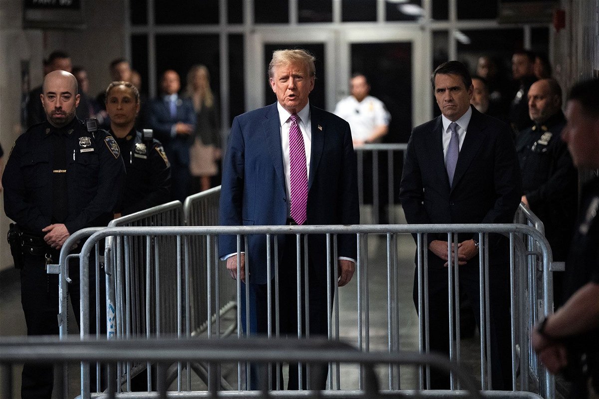<i>Maansi Srivastava/Pool/Getty Images via CNN Newsource</i><br/>Former President Donald Trump speaks to the media at the end of the day during his criminal trial as jury selection continues at Manhattan Criminal Court on April 19