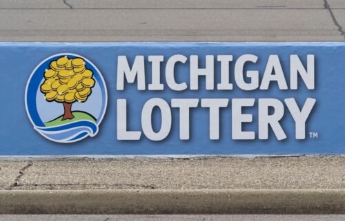 The Michigan Lottery logo is seen at the Michigan International Speedway in August 2023.