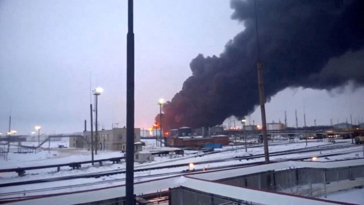 <i>Video obtained by Reuters via CNN Newsource</i><br/>Smoke billows after Ukraine's SBU drone strikes a refinery