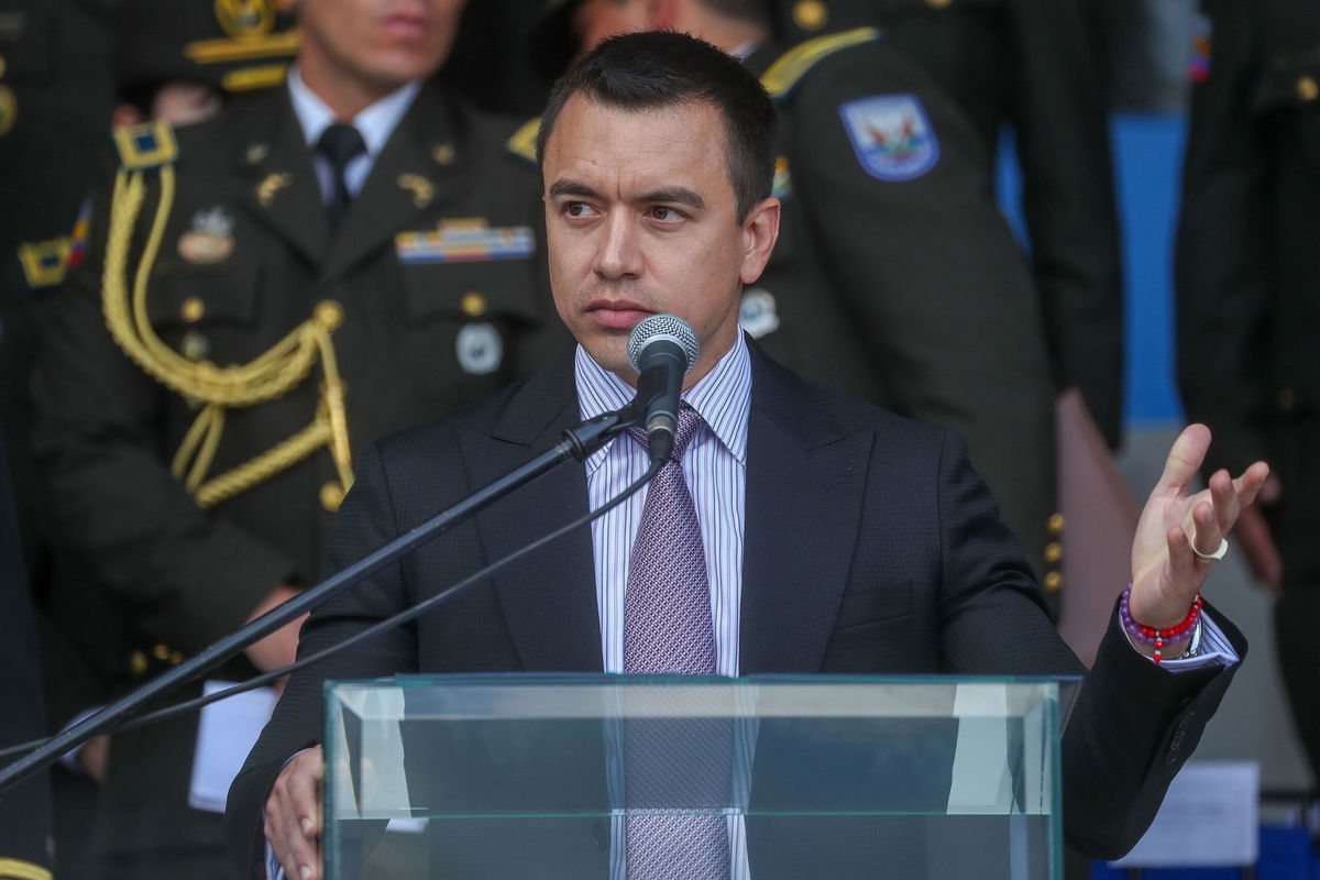 <i>José Jácome/EPA-EFE/Shutterstock via CNN Newsource</i><br/>President of Ecuador Daniel Noboa speaks at the Police School in Quito