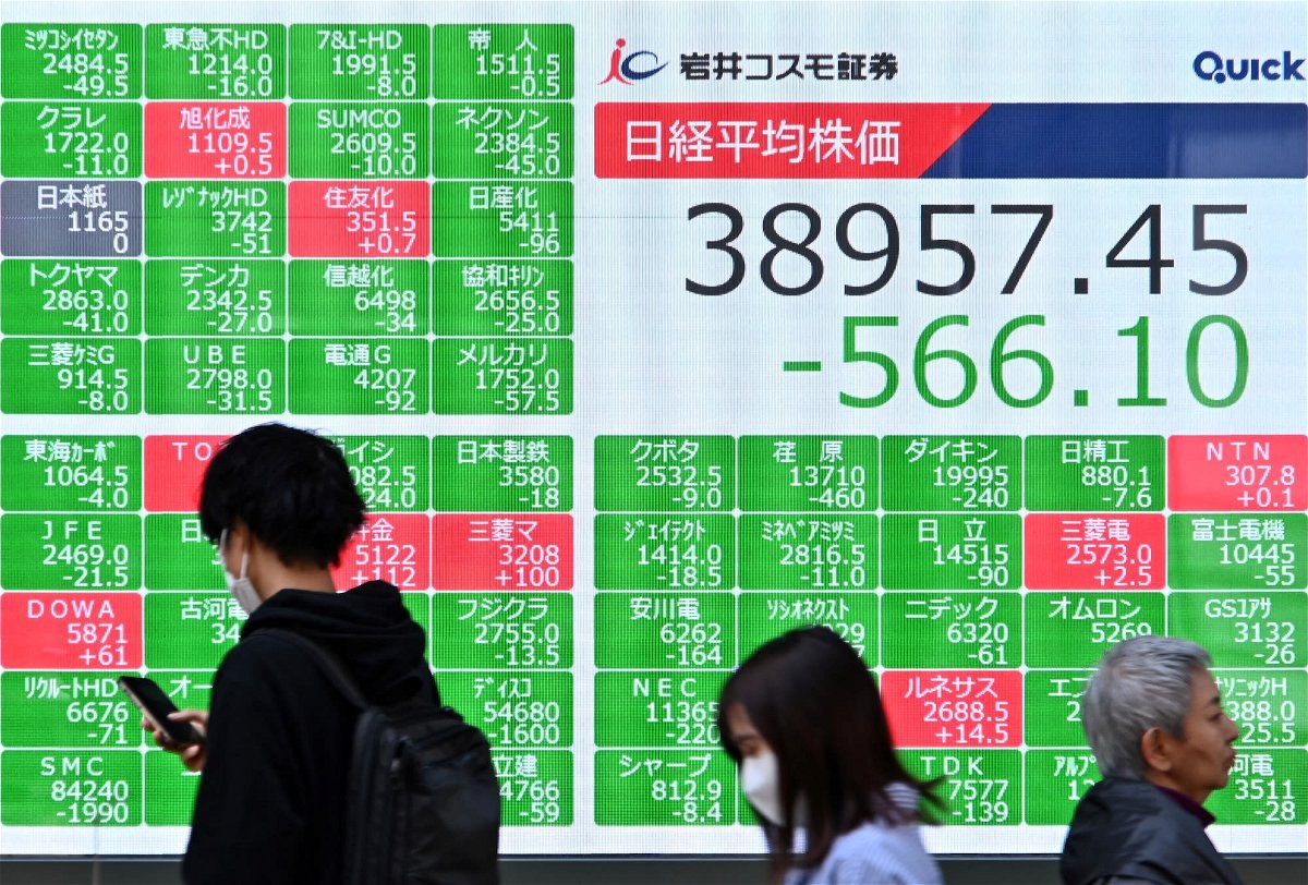 <i>Kazuhiro Nogi/AFP/Getty Images via CNN Newsource</i><br/>An electronic board showing prices of shares on the Nikkei index in Tokyo on Monday.