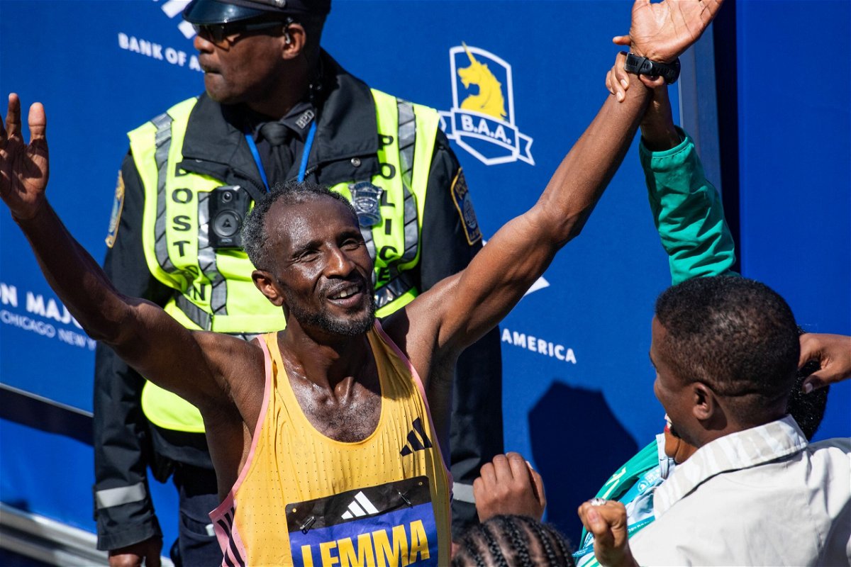<i>Joseph Prezioso/AFP via Getty Images via CNN Newsource</i><br/>Sisay Lemma celebrates winning the men's event at the 128th Boston Marathon.