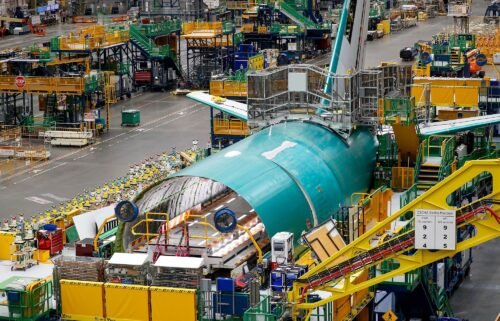 The rear fuselage section of a 777 freighter is seen at Boeing's Everett