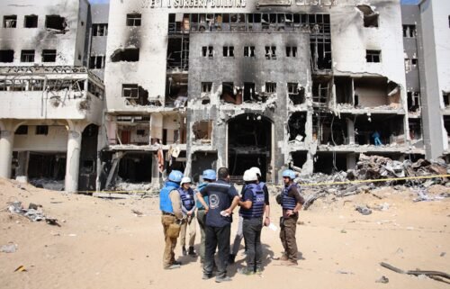 A United Nations team inspects the grounds of Al-Shifa hospital after an Israeli raid on April 8.
