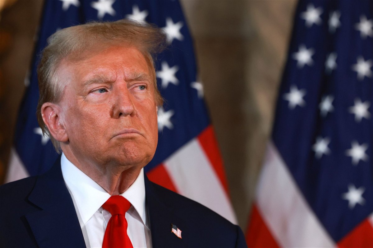 <i>Joe Raedle/Getty Images via CNN Newsource</i><br/>Republican presidential candidate former President Donald Trump is pictured during a press conference at Mar-a-Lago estate on April 12