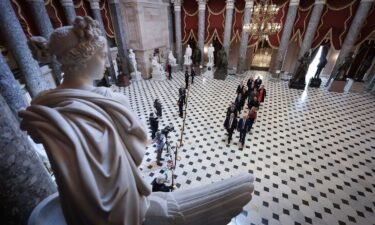 Republican impeachment managers from the House of Representatives proceed through Statuary Hall in the US Capitol while transferring articles of impeachment against Secretary of Homeland Security Alejandro Mayorkas April 16