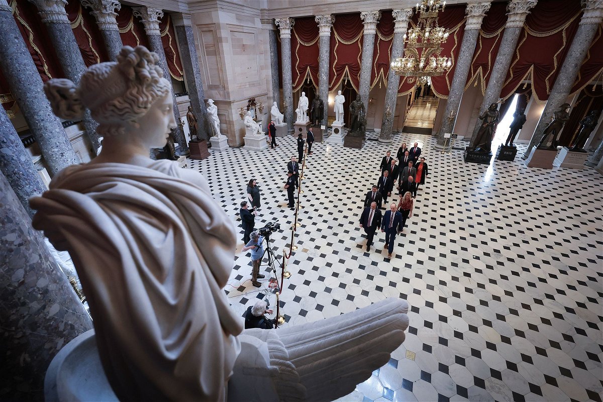 <i>Win McNamee/Getty Images via CNN Newsource</i><br/>Republican impeachment managers from the House of Representatives proceed through Statuary Hall in the US Capitol while transferring articles of impeachment against Secretary of Homeland Security Alejandro Mayorkas April 16