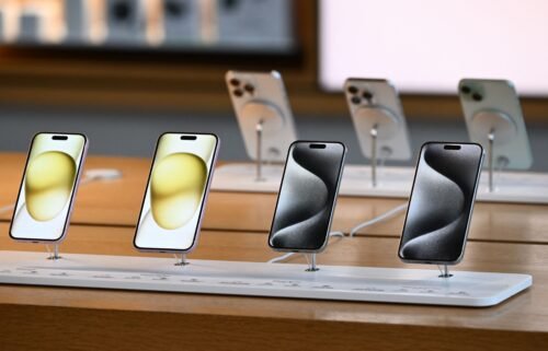 Apple iPhone 15 phones are displayed for sale at The Grove Apple store in Los Angeles