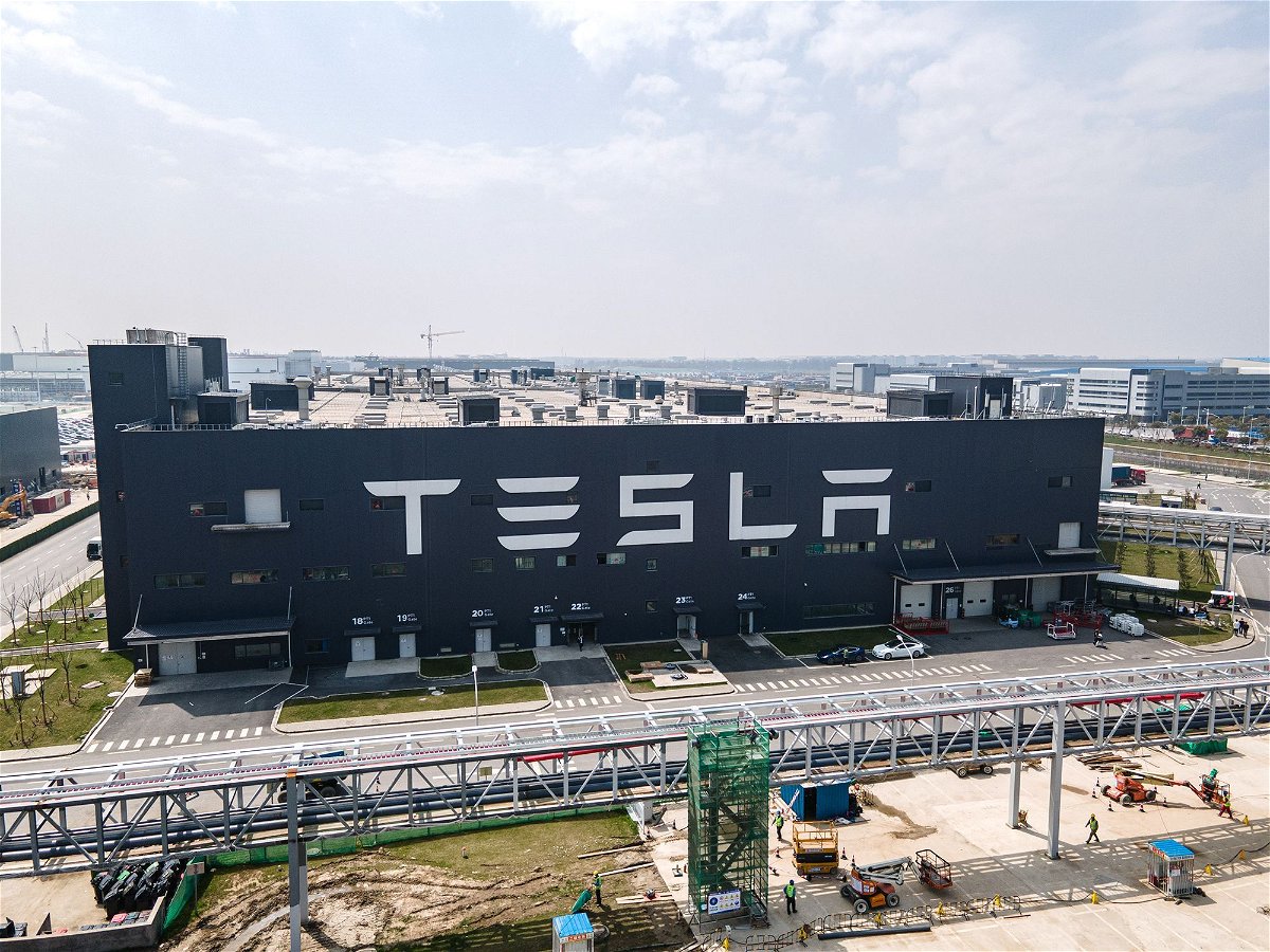 <i>Xiaolu Chu/Getty Images via CNN Newsource</i><br/>An aerial view of Tesla's gigafactory in Shanghai
