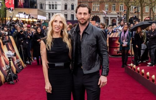 Sam Taylor-Johnson (left) and husband Aaron (right) pictured in London on April 8.