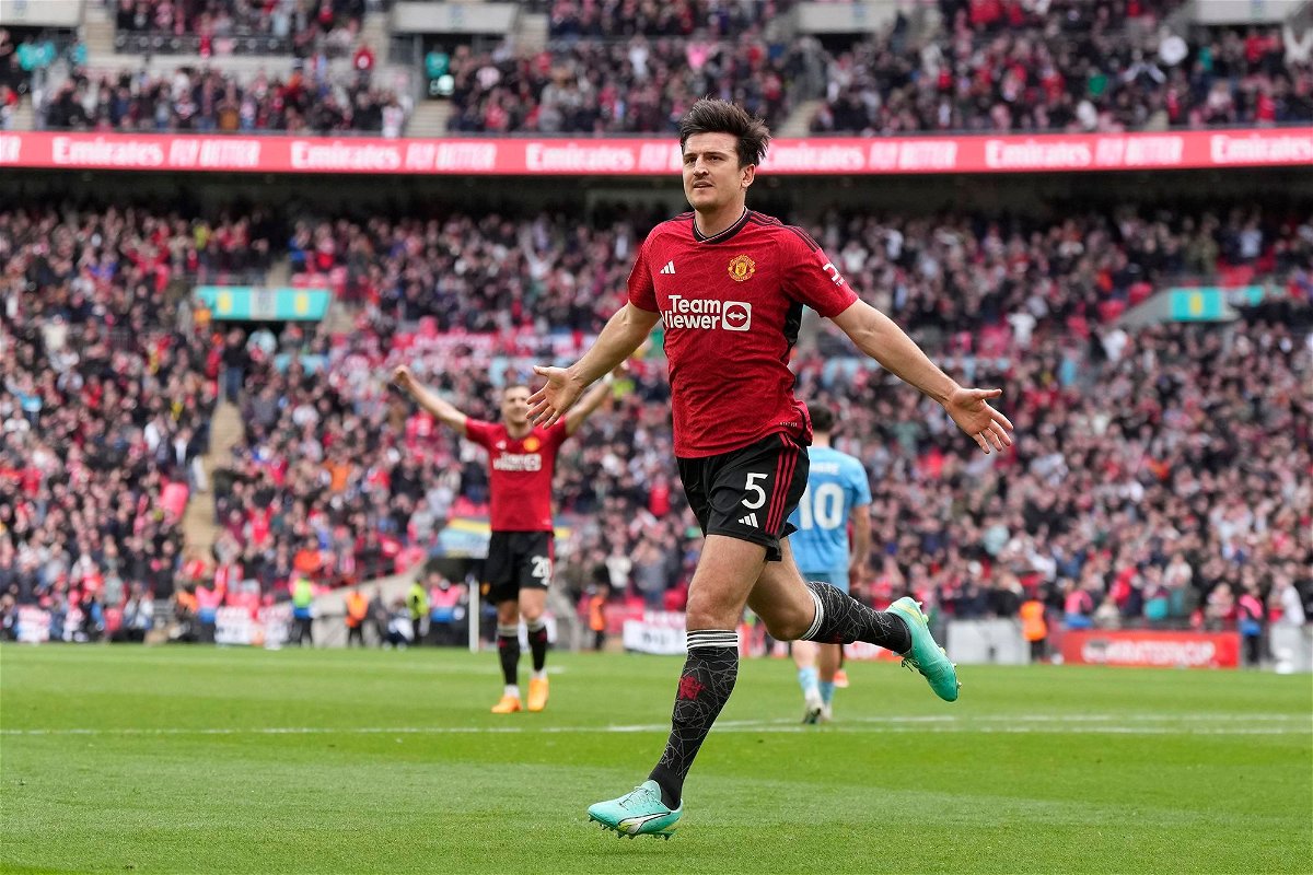 Manchester United's Harry Maguire celebrates after scoring his side's second goal.
