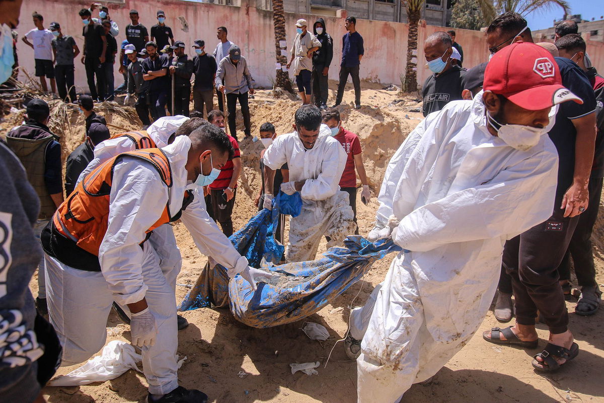 <i>Ahmad Salem/Bloomberg/Getty Images via CNN Newsource</i><br/>Palestinian health workers recover buried bodies from a mass grave at the Nasser Medical Hospital compound in Khan Younis