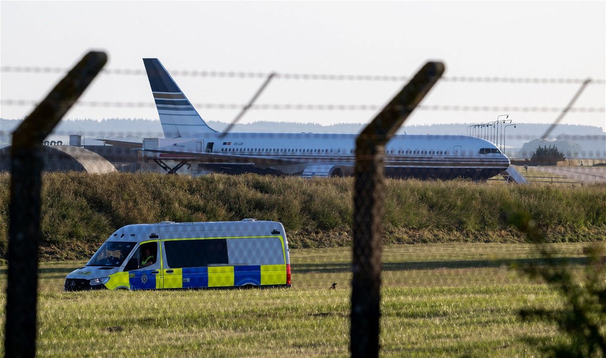 <i>Finnbarr Webster/Getty Images via CNN Newsource</i><br/>The inaugural flight of the UK government scheme to send asylum seekers to Rwanda was stopped in June 2022 at the 11th hour
