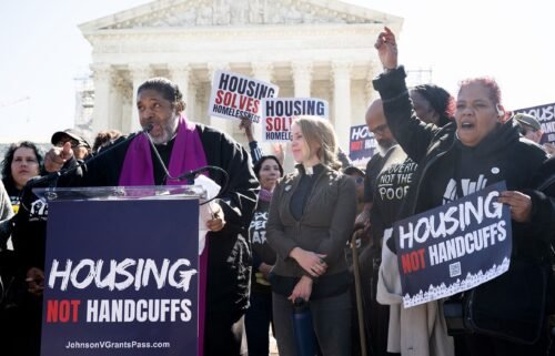Rev. Dr. William J. Barber II speaks alongside demonstrators as they protest outside the US Supreme Court in support of the homeless as the Court hears the case of City of Grants Pass v. Johnson that could make it illegal to sleep outside
