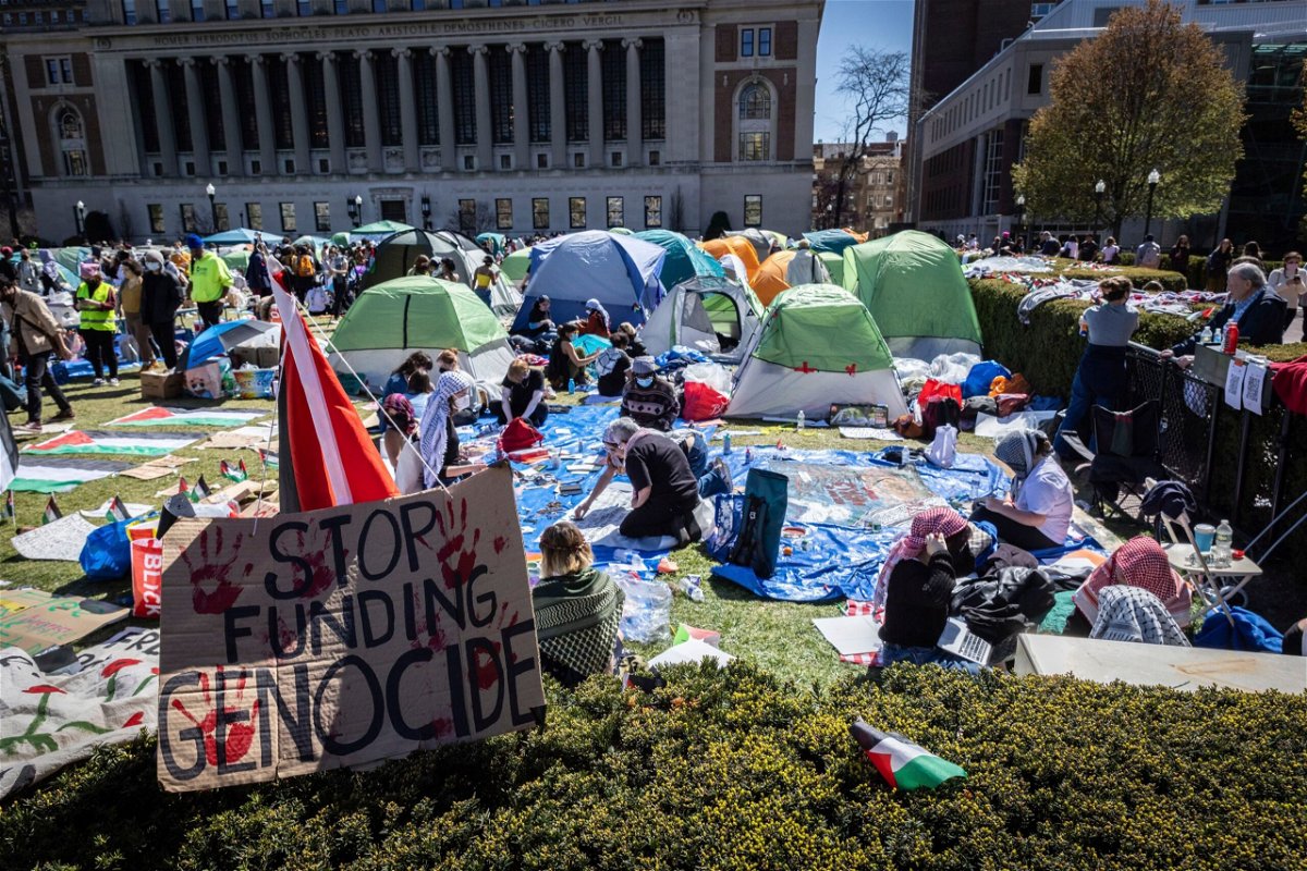 <i>Stefan Jeremiah/AP via CNN Newsource</i><br/>A robust encampment of pro-Palestinian protesters has been formed on Columbia University's West Lawn.