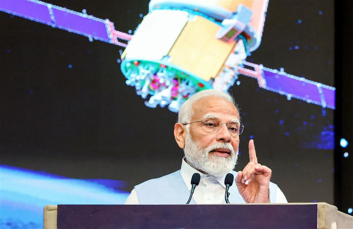 <i>ANI/Reuters via CNN Newsource</i><br/>Prime Minister Narendra Modi speaks at the launch of space infrastructure projects at Vikram Sarabhai Space Centre (VSSC)