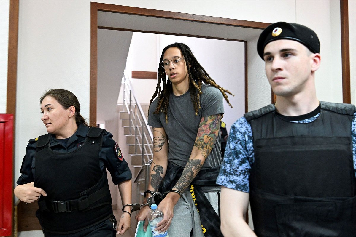 <i>Kirill Kudryavtsev/AFP/Getty Images via CNN Newsource</i><br/>Brittney Griner arrives to a hearing at the Khimki Court