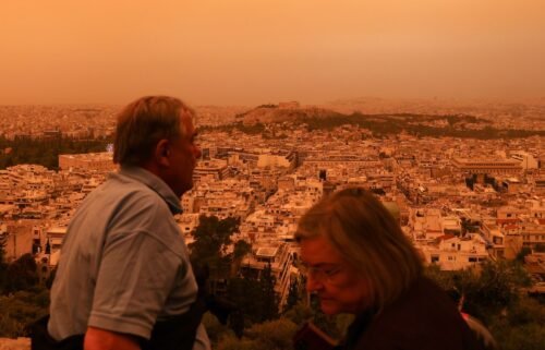 Dust from the Saharan desert covers Athens in an orange haze on April 23.