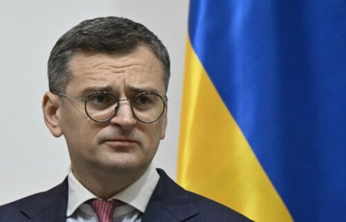 Ukraine's Foreign Minister Dmytro Kuleba is pictured in Kyiv on April 15. Ukraine is tightening pressure on men of call-up age living abroad by suspending their consular services.