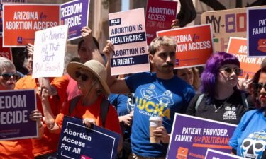 Abortion rights supporters demonstrate at the Arizona House of Representatives in Phoenix on April 17.