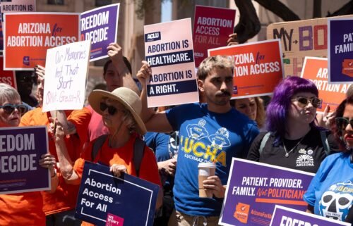 Abortion rights supporters demonstrate at the Arizona House of Representatives in Phoenix on April 17.