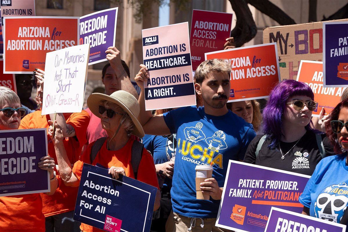 <i>Rebecca Noble/Getty Images via CNN Newsource</i><br/>Abortion rights supporters demonstrate at the Arizona House of Representatives in Phoenix on April 17.