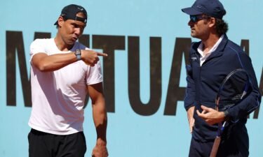 Nadal speaks to coach Carlos Moyá as he prepares to compete at the Madrid Open.