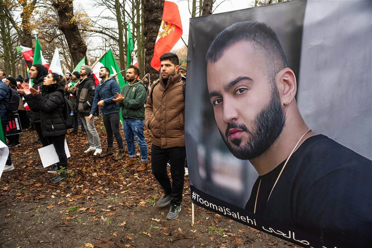 <i>Charles M. Vella/SOPA Images/LightRocket/Getty Images via CNN Newsource</i><br/>Protesters in support of Toomaj Salehi in The Hague