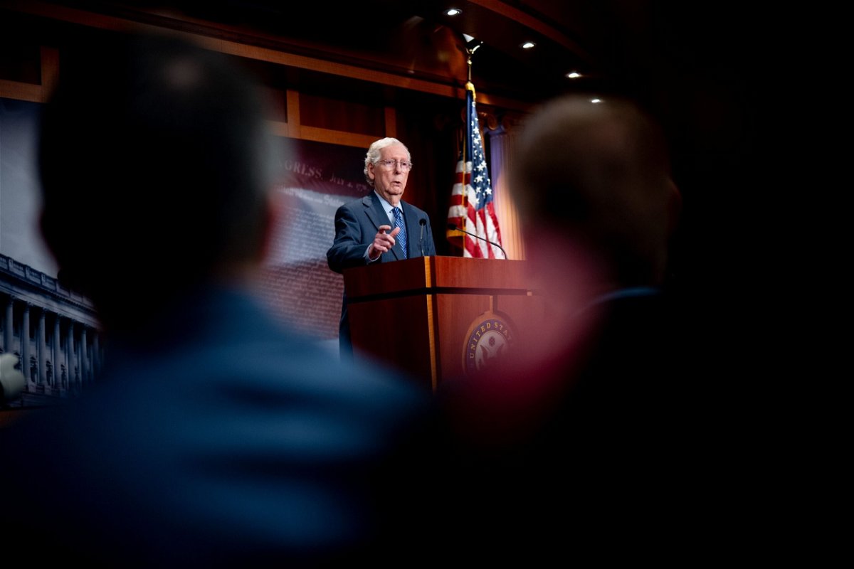 <i>Andrew Harnik/Getty Images via CNN Newsource</i><br/>Senate Minority Leader Mitch McConnell speaks at a news conference on Capitol Hill on April 23