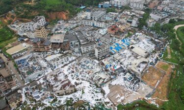 An aerial view of a factory whose roof was ripped off by the tornado in Guangzhou