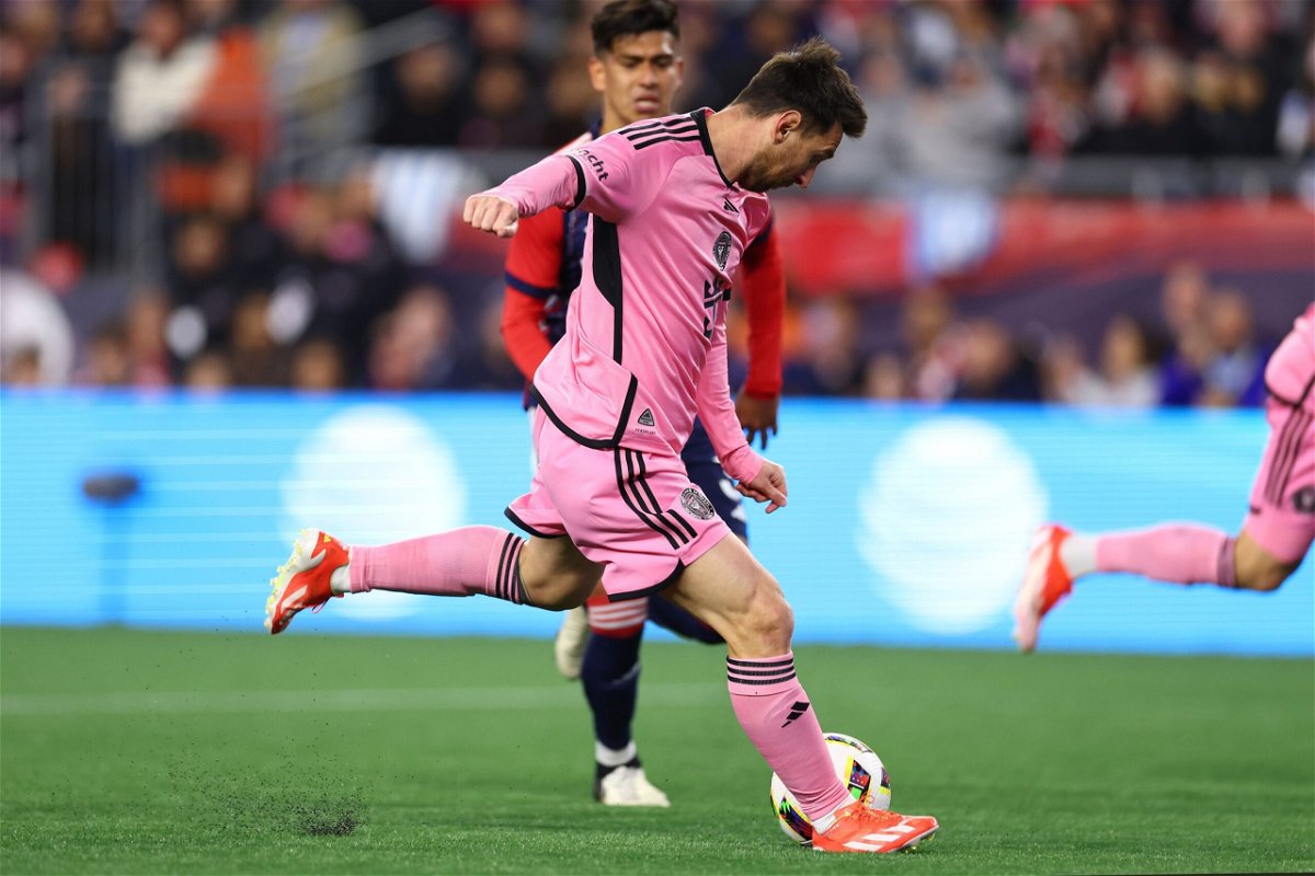 <i>Maddie Meyer/Getty Images via CNN Newsource</i><br/>Messi scores against the New England Revolution.