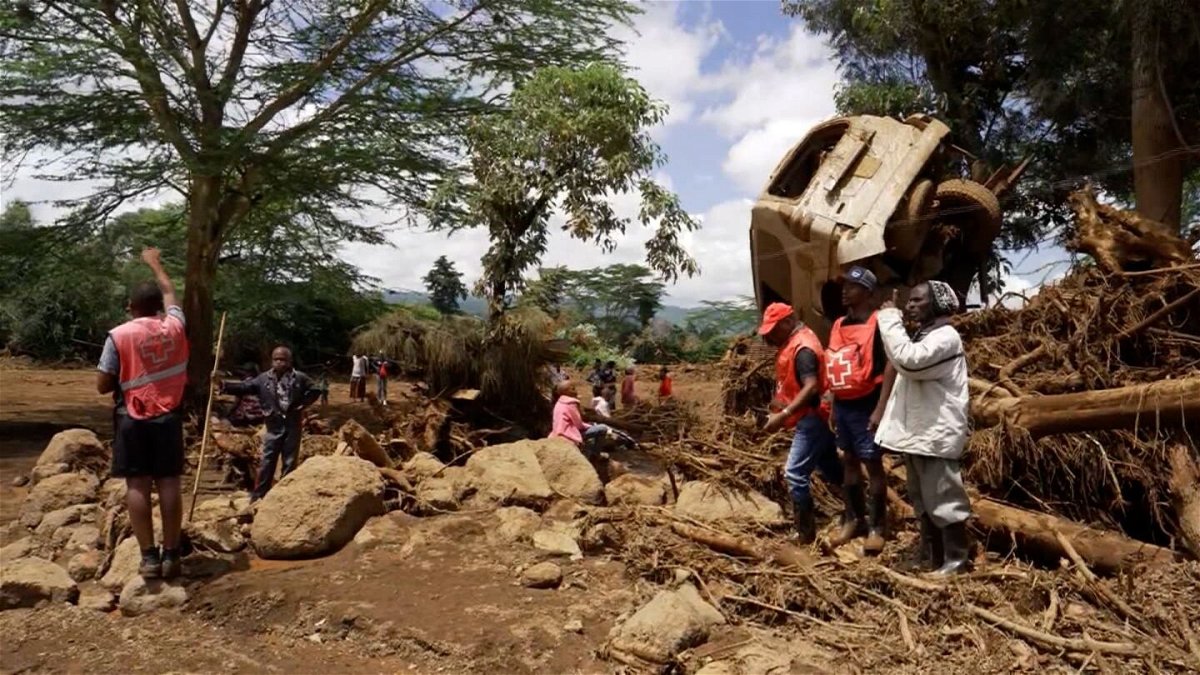 <i>CNN via CNN Newsource</i><br/>A screengrab taken from video shows an overturned car and collapsed trees in the aftermath of a flash flood in Mai Mahiu