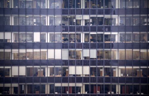 Offices in a high-rise building in Manhattan are seen here on February 23. The Employment Cost Index rose a seasonally adjusted 1.2% last quarter