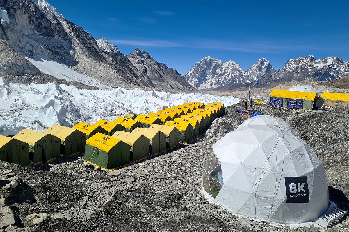 Tents of mountaineers are pictured at Everest base camp in the Mount Everest region of Solukhumbu district on April 18.