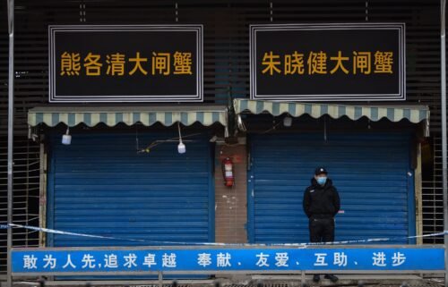 A security guard stands outside a wet market in Wuhan linked to some of the earliest known cases of Covid-19.