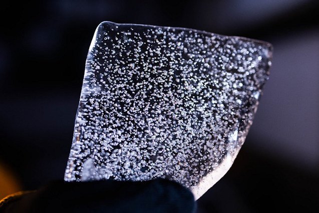 A slice from an Antarctic ice core. Researchers study the chemicals trapped in old ice to learn about past climate.