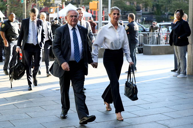New Jersey Sen. Bob Menendez and his wife, Nadine Menendez, arrive at federal court in New York City on September 27, 2023.