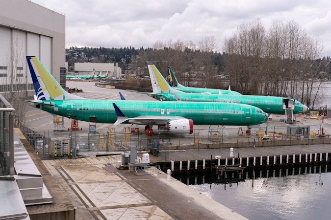 Boeing 737 Max 8 aircraft outside the company's manufacturing facility in Renton, Washington, on January 7, two days after a door plug blew off of the side of an Alaska Airlines jet.