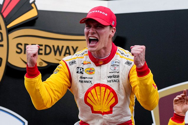 Josef Newgarden celebrates after winning the Indianapolis 500 auto race at Indianapolis Motor Speedway on Sunday