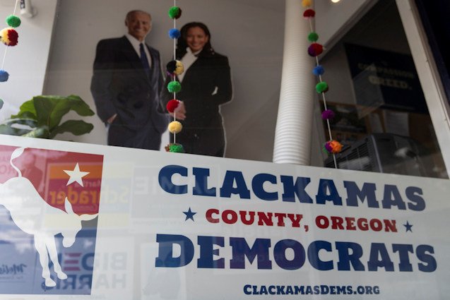 A sign is displayed at the Clackamas County Democratic party building, which is in Oregon's 5th Congressional District, May 17 in Oregon City.
