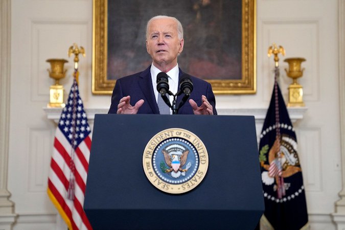 President Joe Biden delivers remarks on the verdict in former President Donald Trump's hush money trial and on the Middle East, from the State Dining Room of the White House on May 31.