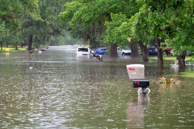 Floodwaters plunge a residential neighborhood underwater in Woodloch, Texas, in early May. Frequent flooding has impacted parts of Texas in recent weeks.