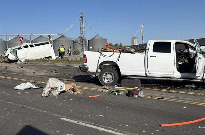 Idaho State Police say six people in a van were killed when a pickup driver crossed the center line of U.S. Highway 20 in Idaho Falls Saturday, May 18, and struck an oncoming passenger van carrying 15 people.