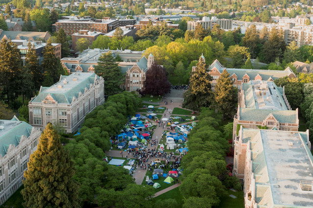 Demonstrators rally May 7 at a protest encampment at the University of Washington in Seattle in support of Palestinians in Gaza.