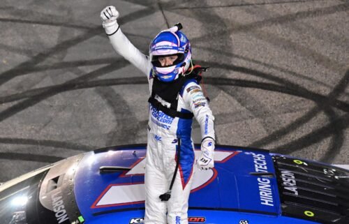 Larson celebrates after the dramatic finish.