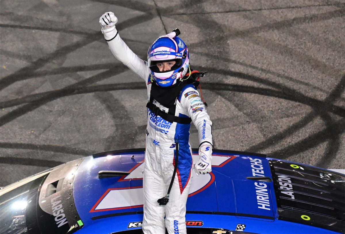 <i>Logan Riely/Getty Images via CNN Newsource</i><br/>Larson celebrates after the dramatic finish.