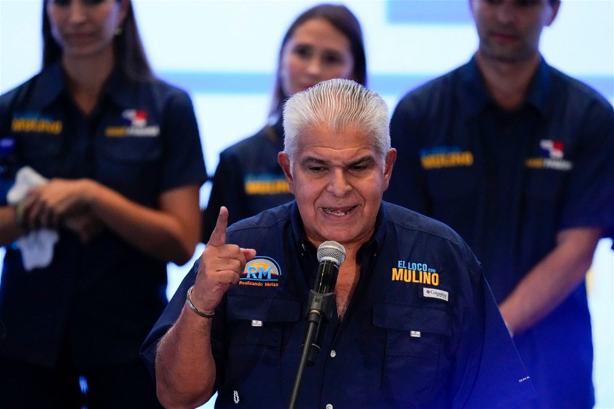 <i>Matias Delacroix/AP via CNN Newsource</i><br/>Presidential candidate Jose Raul Mulino speaks to supporters in Panama City on May 5.